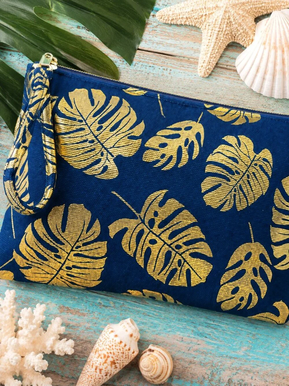 Wristlet Clutch Pouch Navy Blue & Gold Tropical Monstera Palm Leaf Coastal Beach